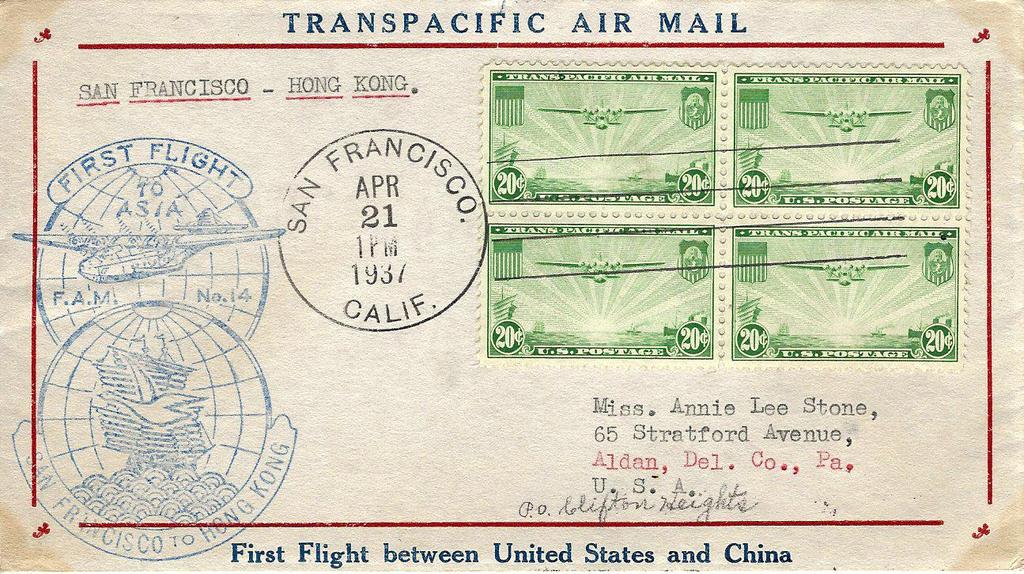 The first Transpacific commercial passenger airliner operated by Pan American Airways a Martin M-130, nicknamed the China Clipper departed San Francisco Bay, California area carrying seven paying