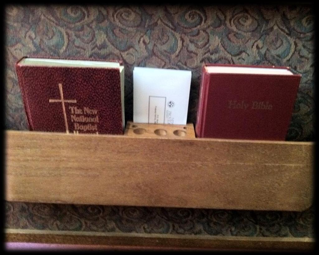 Placement of Bible, Envelopes, & Hymnals in Pews (Worship Aids) While facing the back side of the pew (See diagram below) Place the hymn