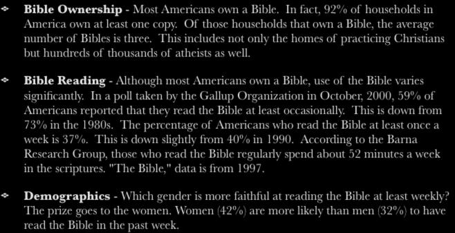 Bible Survey Bible Ownership - Most Americans own a Bible. In fact, 92% of households in America own at least one copy. Of those households that own a Bible, the average number of Bibles is three.
