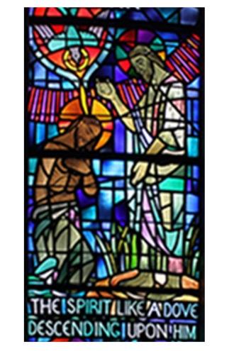 The quill in his left hand identifies him as a Gospel writer. Middle Panel: Shows Jesus after his ministry he has begun, being baptized by John the Baptist.