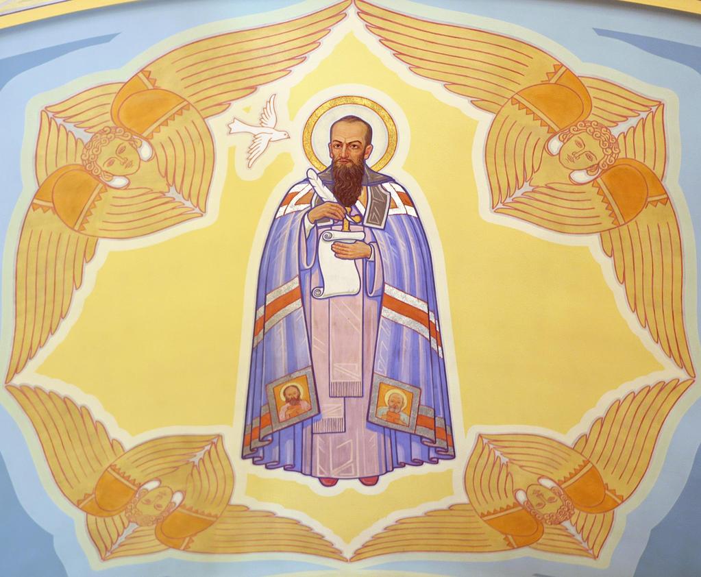In the centre of the ceiling on the forward part of the transept, St. Basil appears again, but now in the robes of a Basilian monk. St. Basil defended the true teaching of Christ on the Mystery of the Trinity.