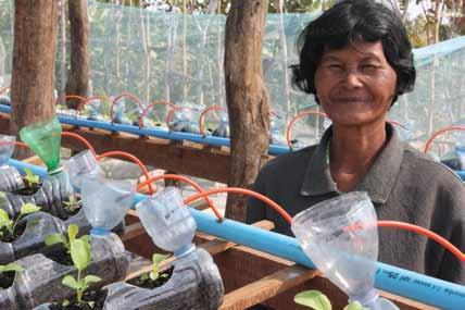 Sam Sarik shows a few of the seedlings getting a good start in her hydroponic garden in Cambodia. Photo: ELCA staff.