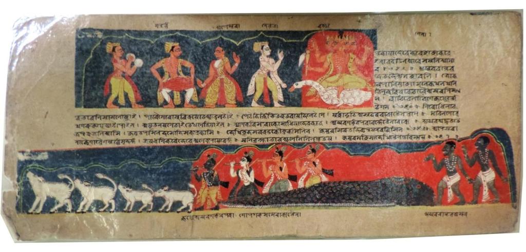 the Bali-Satra). Figure 4 Title: Bhagavata-Purana,X (Adi-Dasama), medium: Tulapat ( Handmade paper), Size of the Manuscript: 48X 21 cm. Size of the Paintings : 28X7 cm. & 46.