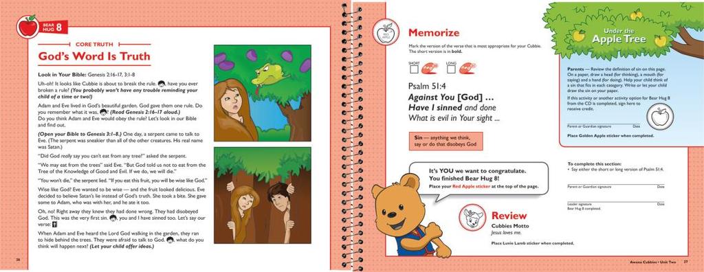 Before starting a handbook, children complete the Apple Acres booklet that gives parents and children a brief overview of the program ad presents God s plan of salvation at a preschool level.
