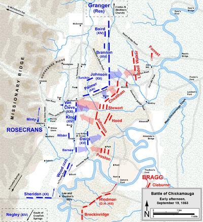 Figures 11 and 12: Maps of the Battle of Chickamauga from Wikipedia. Levi Strong was probably in Johnson s regiment, at Horseshoe Ridge.