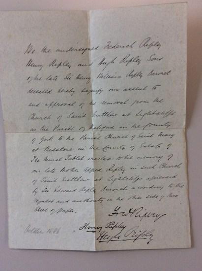 West Yorkshire Archives have a letter from the Ripleys seeking