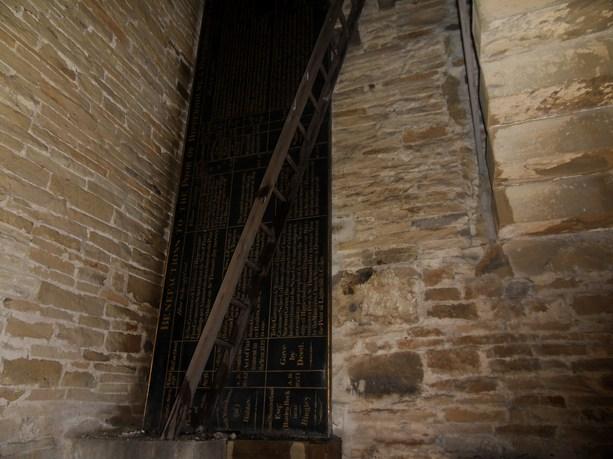 Benefactors' Board. The Benefactors Board which used to hang on the inner west wall in the old church is now stored within the tower, vertically, and attached to battens.