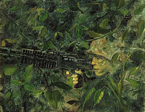 Come a Little Closer (1997), Michael Brostowitz. Oil on board, 15 1 /4 19 3 /4. National Vietnam Veterans Art Museum. It was not a matter of live or die. There was no real peril.