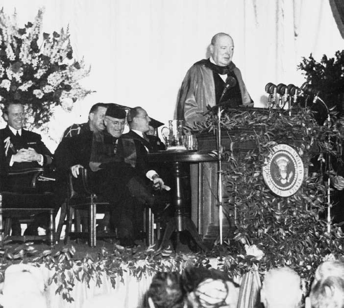 Sir Winston Churchill gives his famous Iron Curtain speech in Fulton, Missouri on May 5, 1946.