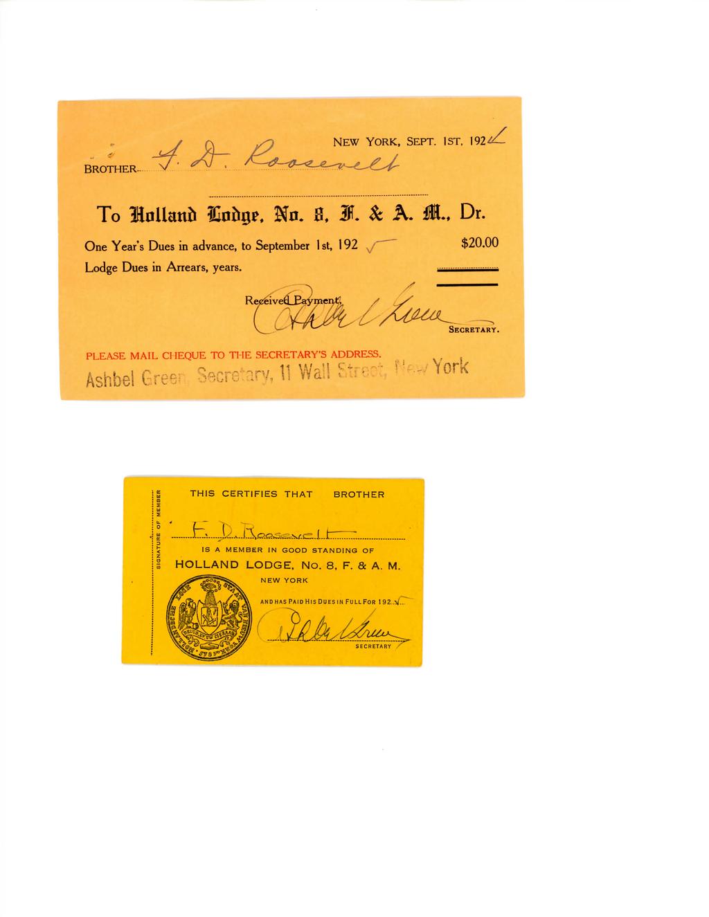 BROTHER- To, No. B, L & A. One Year's Dues in advance, to September 1 st, 1 92.. Dr. $20.00 Lodge Dues in Arrears, years. SECRETARY. PLEASE MAIL CI IEQUE TO THE SECRETARY'S ADDRESS.