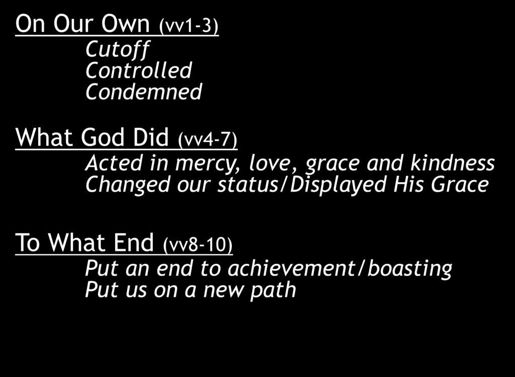 On Our Own (vv1-3) Cutoff Controlled Condemned Before and After What God Did (vv4-7) Acted in mercy, love, grace and
