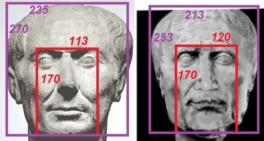 Figure 3: Rectangles of the Tusculum bust (left) and of the Leiden head. Let me stress that the images are here used for scientific and cultural purposes. The sizes are in pixels.