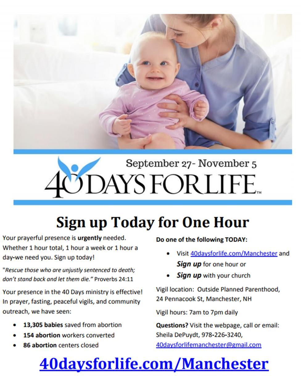 Here is a link for the 40 days for life Manchester.