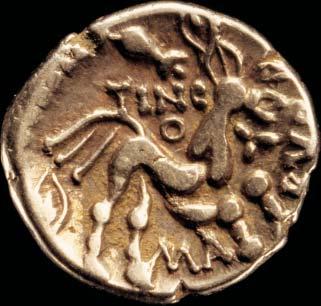 Archaeologists found this gold coin, marked with the name of Tincommius, a chieftain who ruled part of southern Britain in the first century BC.