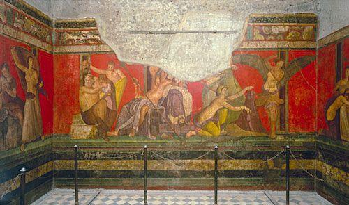 Second Style Dionysiac mystery frieze, second style wall painting in the room of the villa of the mysteries, pompeii, ca 50 ce.
