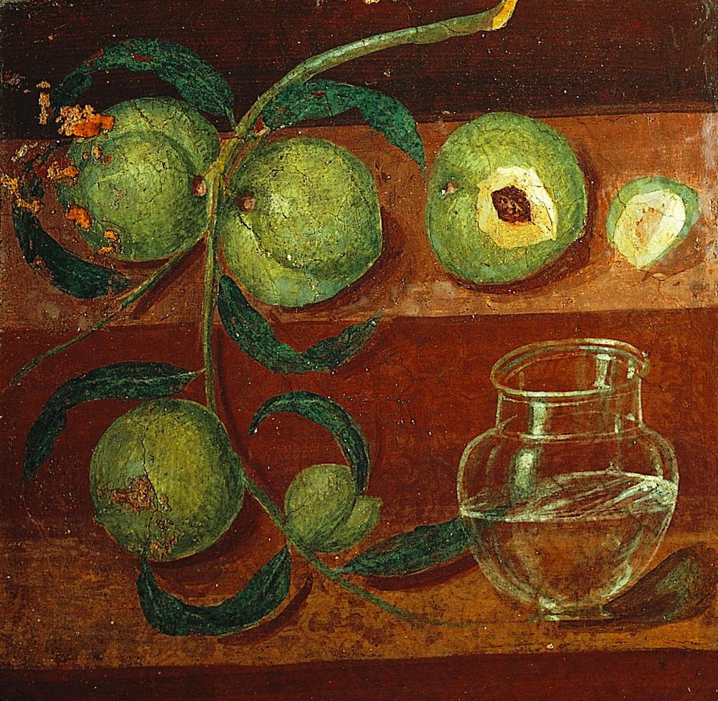 Still life painting Still life with Peaches, detail of a fourth style wall painting Herculaneum Italy 62 CE Shadows, highlights on fruit Glass is depicted as