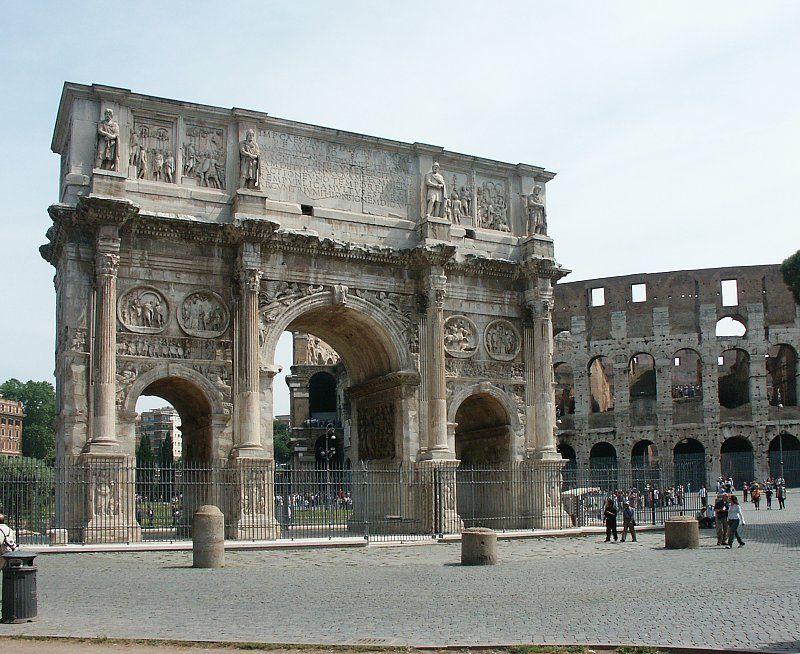 Late Empire Arch of Constantine 312-315 CE the Senate erected a triple archway to commemorate Constantine the Great s defeat of Maxentius.