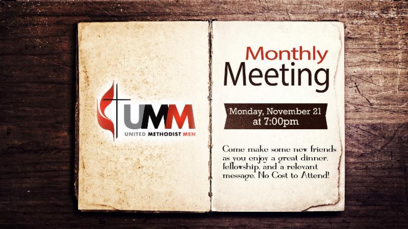 United Methodist Men's Meeting Monday, November 21 at 7:00pm in "The Rooftop" All men are invited to come hang out with a great group of guys this Monday.