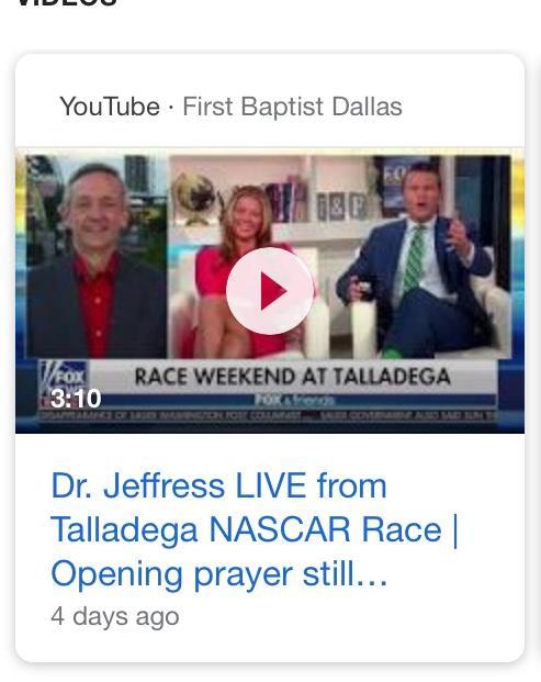 Sunday, Oct.14, 2018 Jeffress was at the Talladega race to lead in opening prayer. Spiritual isn t it? That s part of what these preachers have IDENTIFIED with.