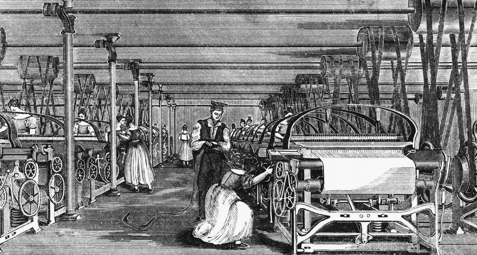 Shown here working at power looms under the