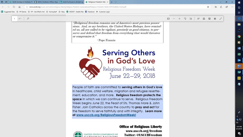 Join Catholics across the country to pray and act for the freedom to serve faithfully and with integrity. Learn more: www.usccb.org/religiousfreedomweek.