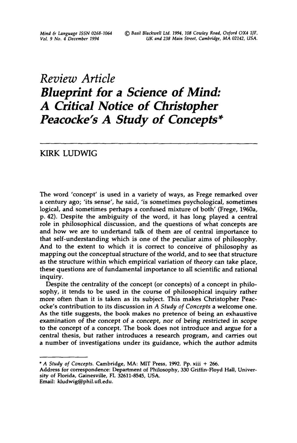 Mind & Language ISSN 0268-1064 Vol. 9 No. 4 December 1994 @ Basil Blackwell Ltd. 1994, 108 Cowley Road, Oxford OX4 IJF, UK and 238 Main Street, Cambridge, M A 02142, USA.