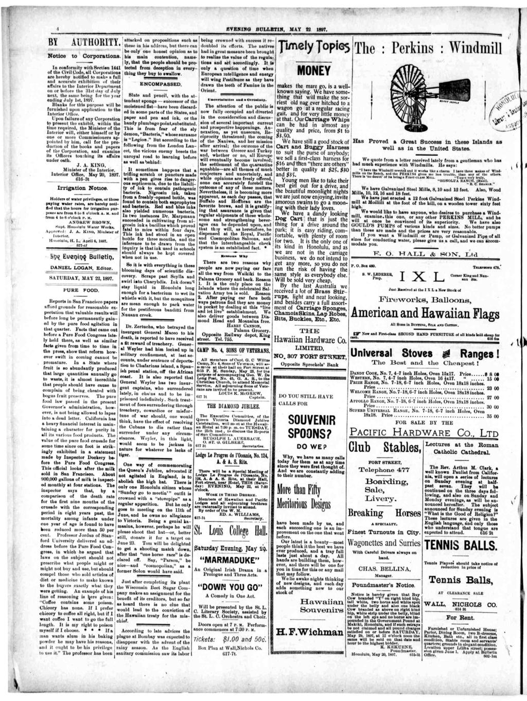 BYENNG J3ULLETN, MAY 22, 1897. i A MATTTTOTJTTY Noioe o Corporaions.