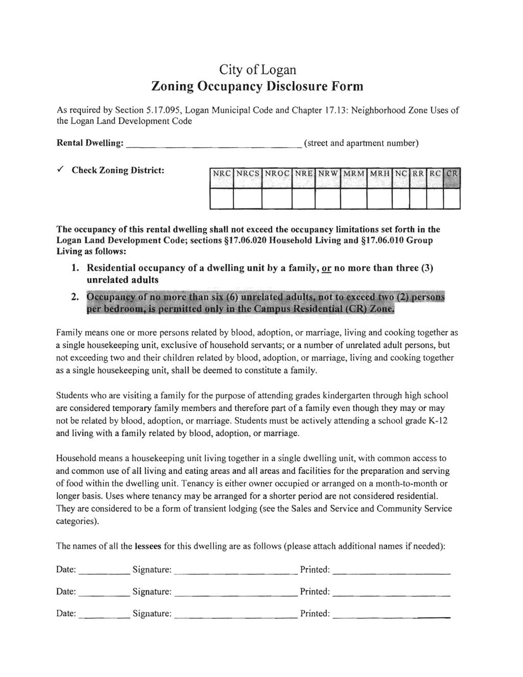 City of Logan Zoning Occupancy Disclosure Form As required by Section 5.17.095, Logan Municipal Code and Chapter 17.