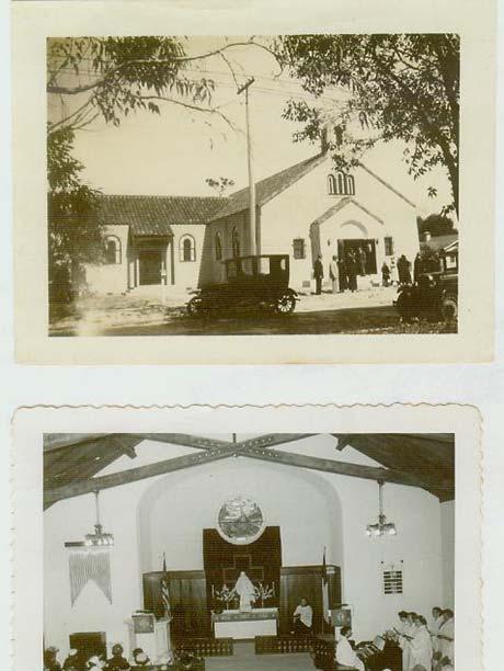 Finished outside of building Inside of church The first service in the uncompleted structure was held on November 4, 1928, at which time the first baptism, that of Mildred Ann Claeson, took place.