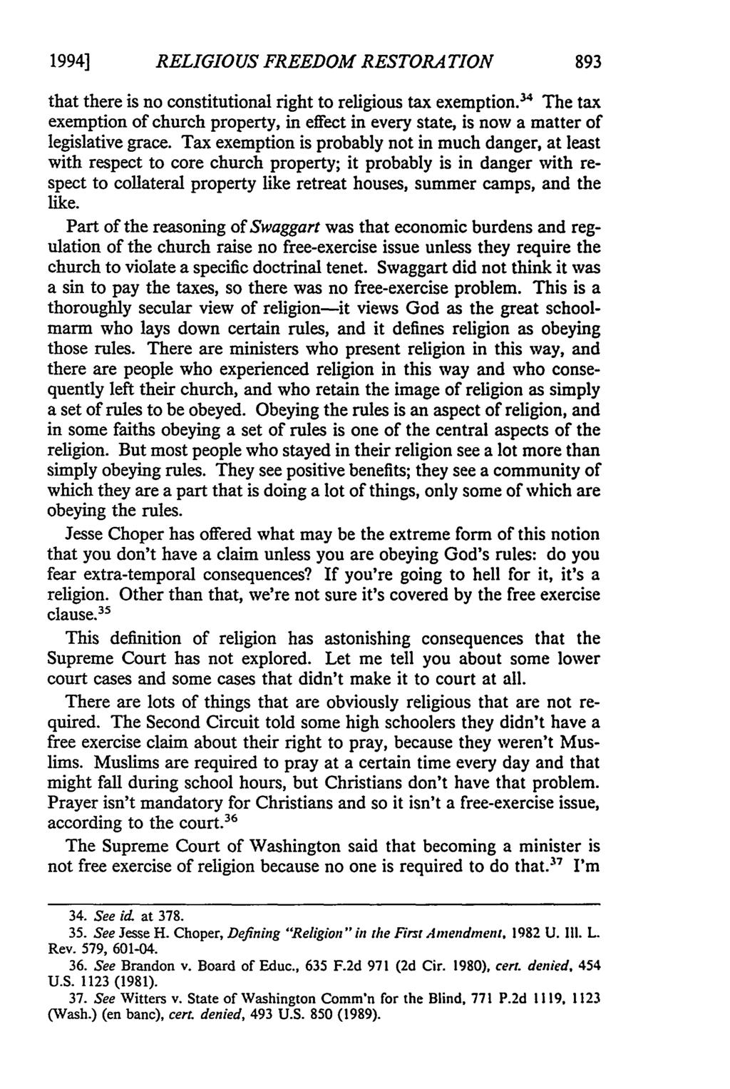 1994] RELIGIOUS FREEDOM RESTORATION that there is no constitutional right to religious tax exemption.