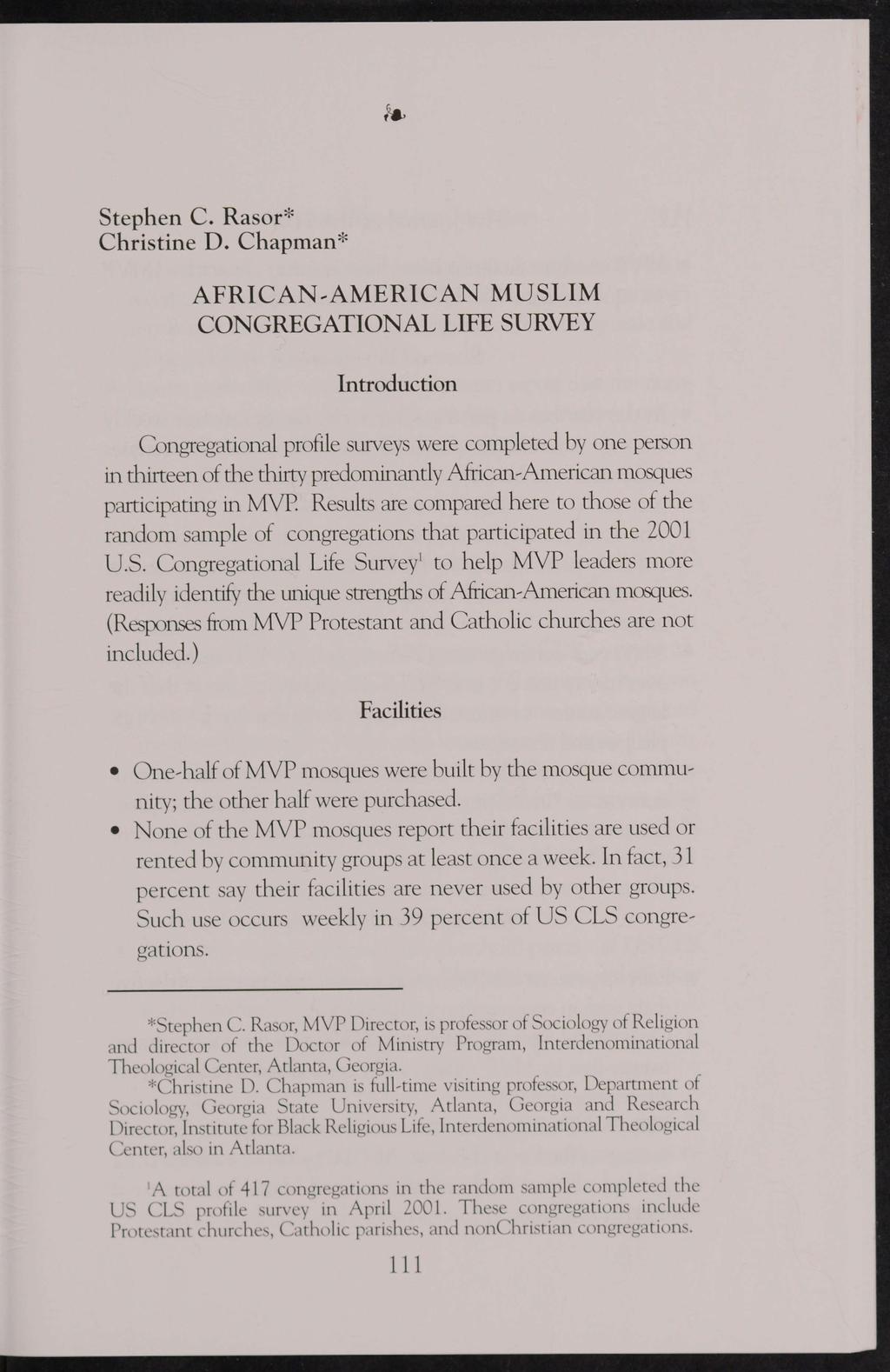 Rasor and Chapman: African-American Muslim Congregational Life Survey f*> Stephen C. Rasor* Christine D.