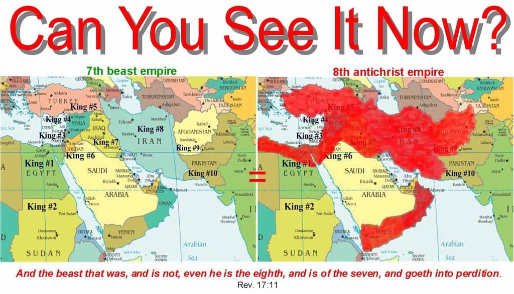 see Walid has placed a black and white map of the Middle East, similar to the one above on the left, which represents the 7 th beast kingdom in Revelation 17:8-14, that was wounded to death in 1924