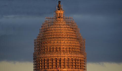 The above photo shows the mass of scaffolding that has covered the dome of the Capitol building for the