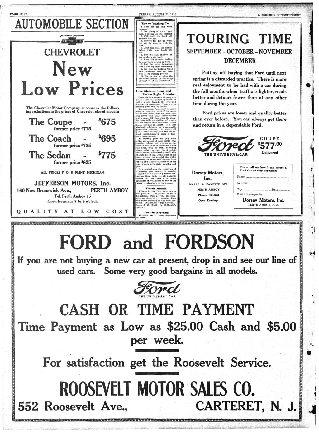FAQS FOUE FRIDAY, AUGUST 21, 1925 WOODBRIDGE INDEPENDENT SECTION c The Chevrolet Motor Company announces the followng reductons In the prces of Chevrolet closed models: former prce $715 - former prce