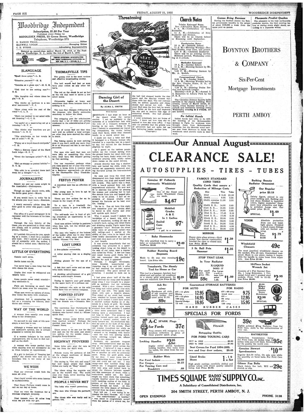 FAGE SIX FRIDAY, AUGUST 21, 1925 WOODBRIDGE INDEPENDENT Subscrpton, $1.50 Per Year Publshed every Frday by MIDDLESEX PRESS, 23 Green Street, WoodBrdge Telephone, Woodbrdge 575 G.