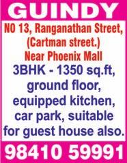 ft, ground Kamakshi Mini Hall A/c (100 floor apartment, East facing, guests), Kamakshi Hall A/c 24 hours water, 6 years old, (200 guests). Ph: 4351 2233, Rs. 37 lakhs only.