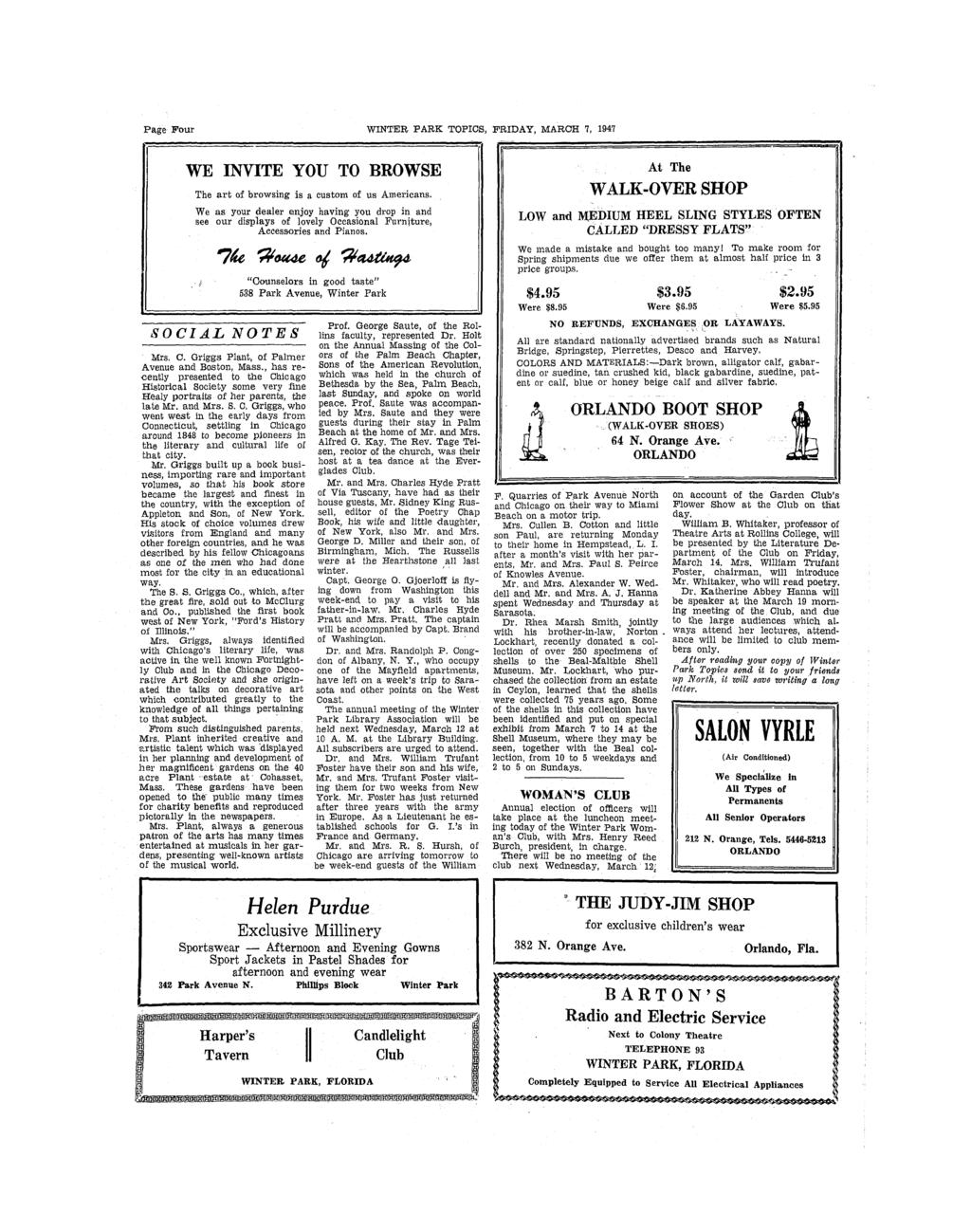 Page Four WINTER PARK TOPICS, FRIDAY, MARCH 7, 1947 WE INVITE YOU TO BROWSE The arof browsng s a cusom of us Amercans.