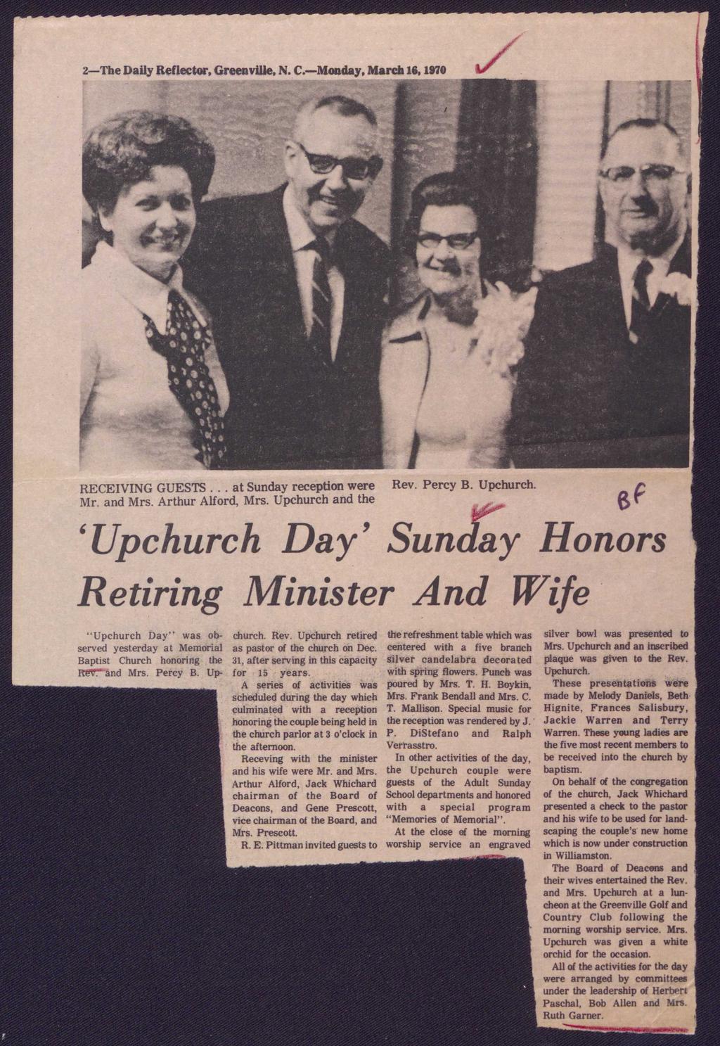 RECEIVING GUESTS... at Sunday reception were Mr. and Mrs. Arthur Alford, Mrs. Upchurch 