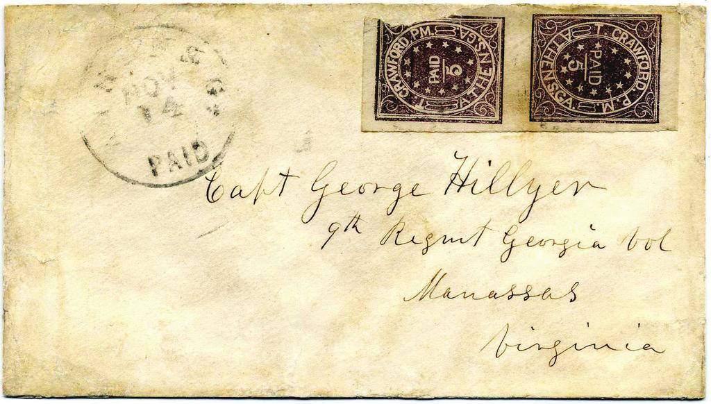 The most significant find is a 5 purple Athens, Georgia postmaster s provisional têtebêche (foot to foot) vertical pair on cover, addressed to Capt. George Hillyer, 9th Regmt Georgia Vol.