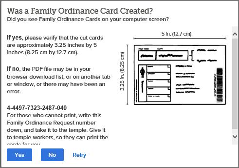 Clicking yes moves the ordinances from your not printed list, to your printed list in the Temple Reservations page. Cut out the temple cards on the provided dotted lines.
