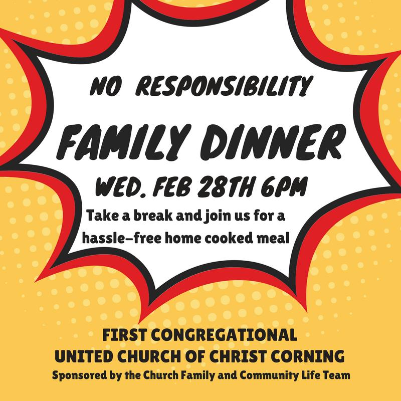 The Caller 5 Church Family & Community Life Family Night Dinner Wednesday April 18th 6:00 pm Join your friends here at First Congregational UCC for dinner and conversation. Wed., April 18th, 6pm No Responsibility (Unless you sign up for pre-meal or post-meal help.