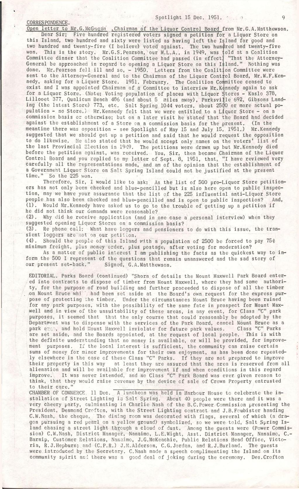 Spotlight 15 Dec. 1951. ) 9 CORRESPONDENCE. Open letter to Mr.G.McG^gan.Chairman of the Liquor Control Board from Mr.G.A.Matthewson.