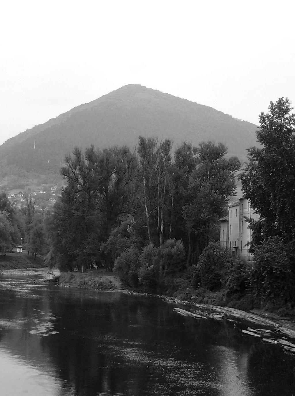 Visočica hill from the River Bosna in Visoko, Bosnia and