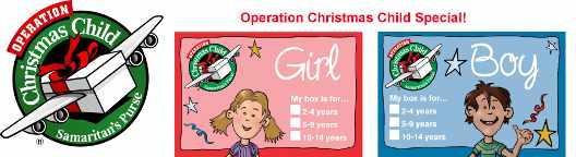 Operation Christmas Child National Collection week is Nov. 12-19. Gift boxes can be placed by the altar starting Nov. 1 st. The final day to bring boxes to Immanuel is Nov.