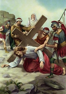 Seventh Station - Jesus Falls the Second Time Overwhelmed by the weight of the Cross, Jesus falls again to the ground. But the cruel executioners do not permit Him to rest a moment.