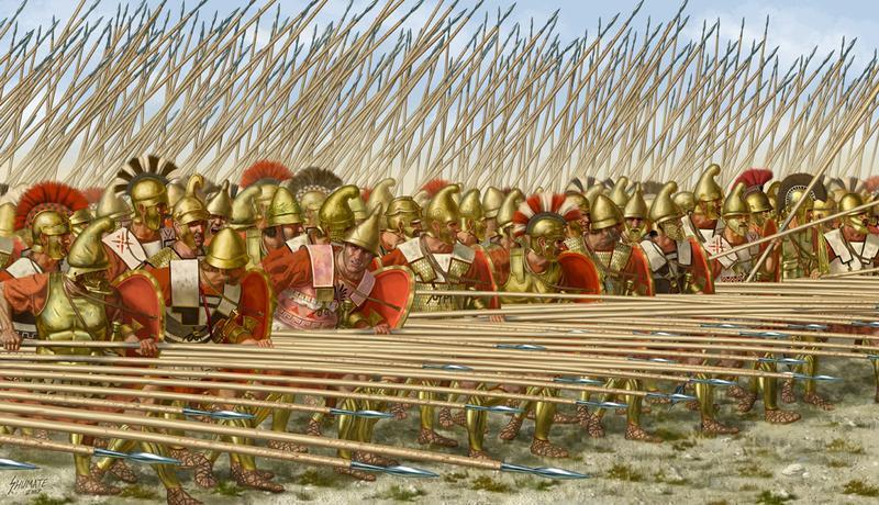 The Greek Phalanx of 32 ranks deep or even more armed with 16 to 18 foot long pike