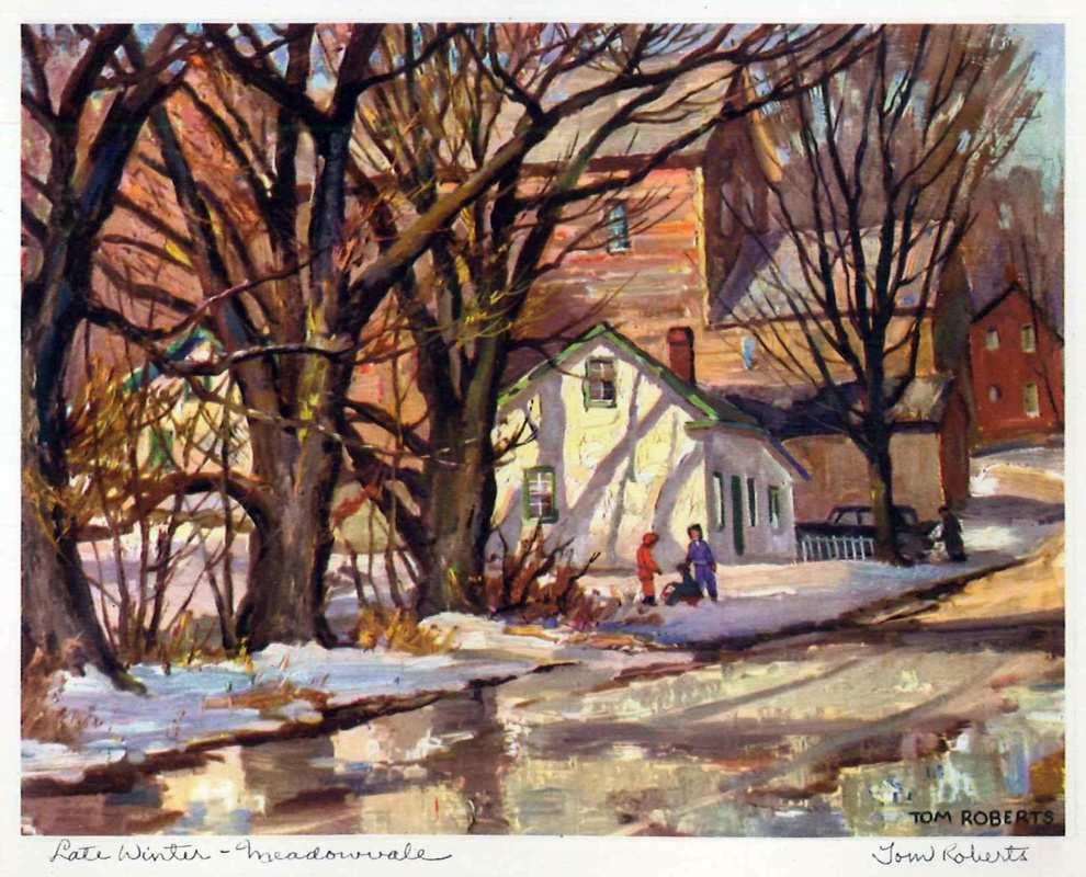 Tom Roberts, Late Winter Meadowvale, 1950. The mill cottage with the grist mill to the East.