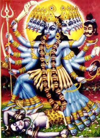 INDIA_Contemporary The goddess, Kali, is depicted with multiple heads, arms, and legs.