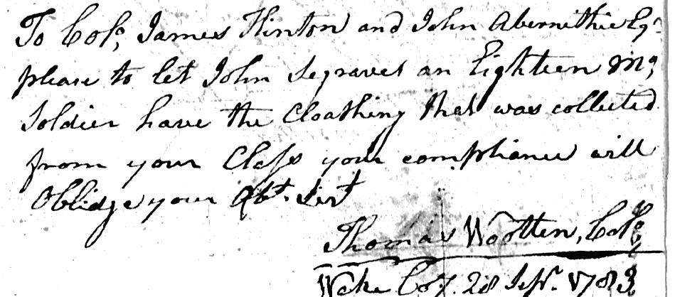wake County 2 nd September 1783 [p 41] 1783 August 9 th John Segraves had a Coat, Jacket, pr. Bruches, a hate [hat], a pr Shoes & a home spun blanket S/ Jno.