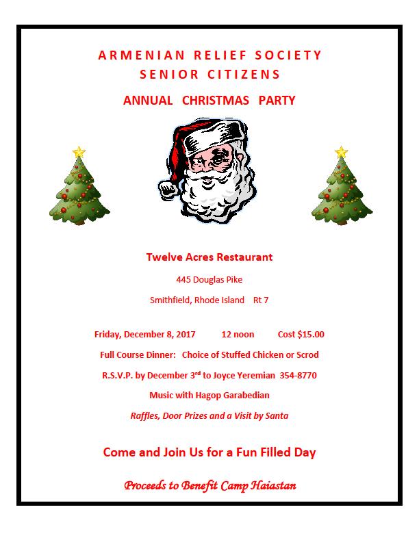 CALENDAR of EVENTS Friday, December 8 ARS Senior Citizen s Christmas Party 12 Noon Twelve Acres Restaurant RSVP to Joyce Yeremian by Dec.